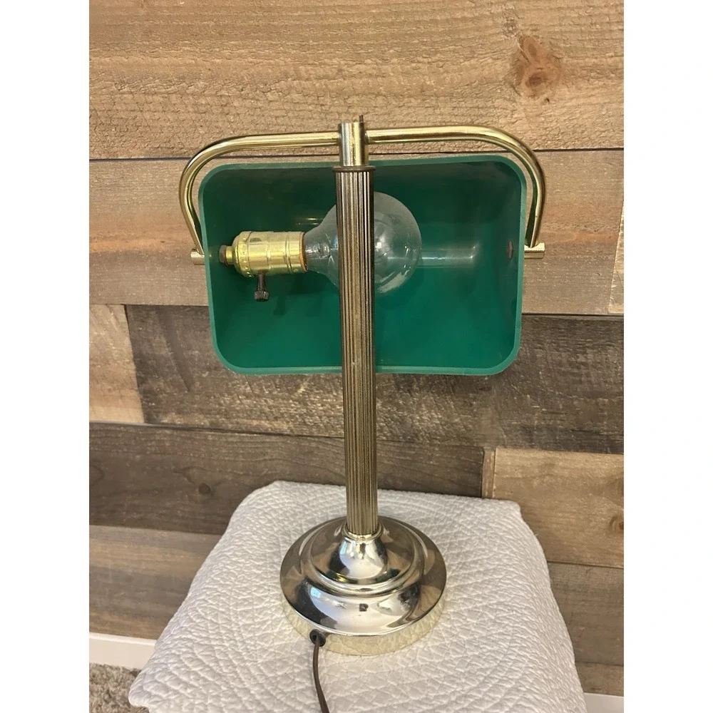 Vintage Brass Bankers Desk Library Students Lamp Emerald Green Glass Shade